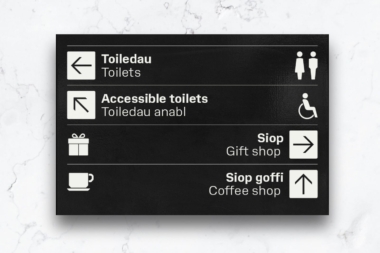 An example of signage at National Museum Cardiff showing directions to the café and toilets.