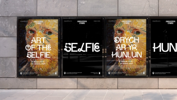 A series of posters, featuring crops of Van Gogh's 'Portrait of the Artist' painting (1887), advertising the 'Art of the Selfie' exhibition.