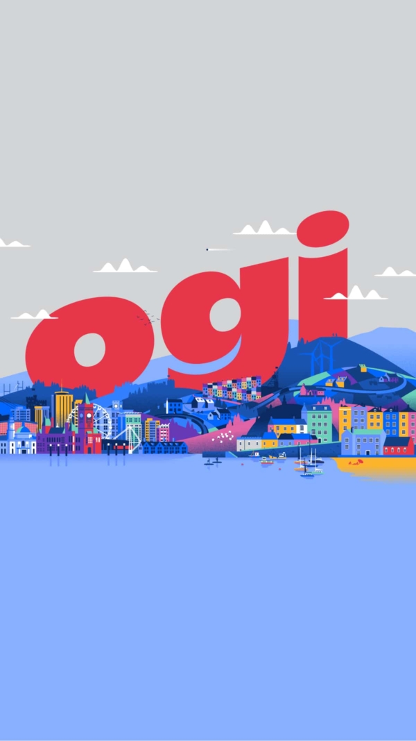 A detailed illustration of a Welsh town with an oversized Ogi logo superimposed.