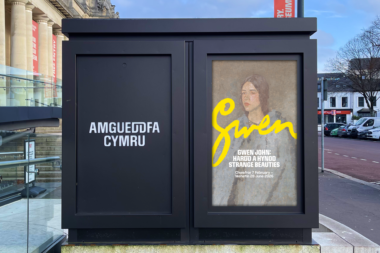 Outdoor totem sign for Amgueddfa Cymru displaying Gwen John exhibition poster