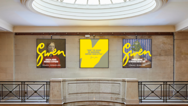 Gwen John exhibition light boxes displayed in museum rotunda, Cardiff