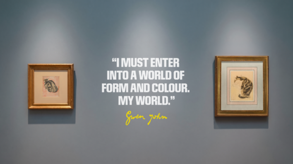 Gallery installation of Gwen John cat sketches either side of quote wall graphic