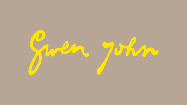 Gwen John logo in yellow on a brown background